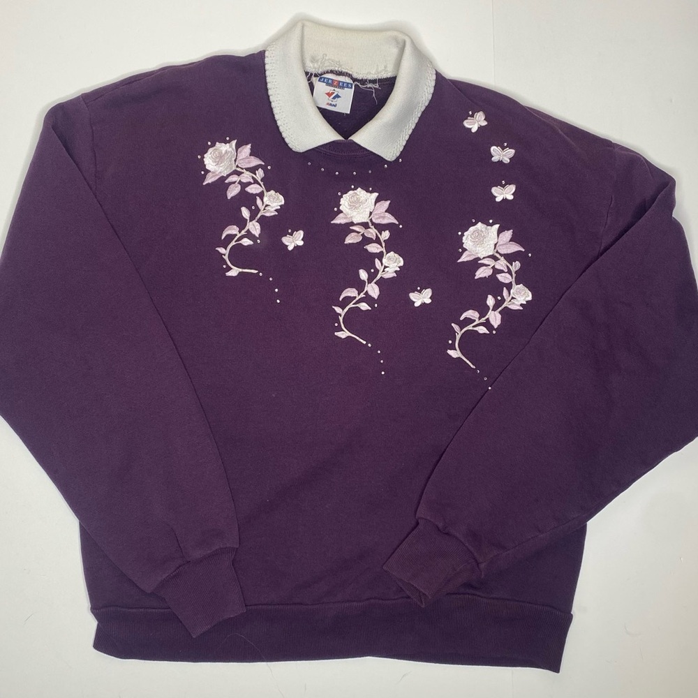 Vintage 90’s Grandma Collared Sweatshirt by Jerzees Purple with Flowers Sz Lg